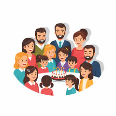 A diverse group of adults and kids celebrates around a cake with lit candles. Warm celebration ahead