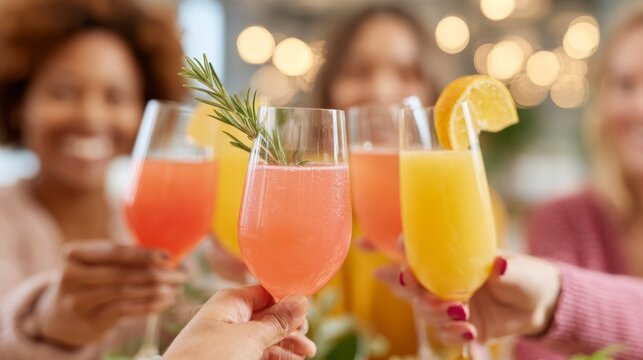 A Vibrant Celebration: Friends Cheers with Colorful Cocktails at a Joyous Gathering, Highlighting Friendship and Festivity in a Cheerful Atmosphere