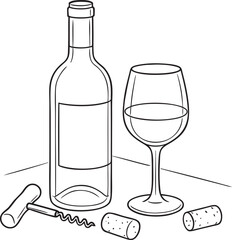 Wine Bottle and Glass Line Art Illustration