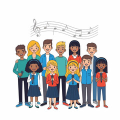 A diverse group of smiling children sings together, holding microphones under flowing musical notes