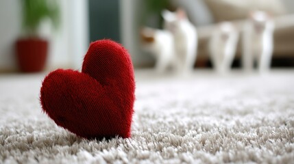 Close-up of a red knitted heart on a grey carpet with white cat paws in a cozy living space, ideal for use in various creative projects