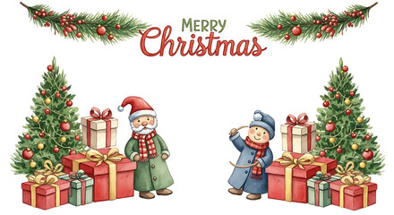 Merry Christmas with Christmas decorations, gifts and winter characters, Merry Christmas.