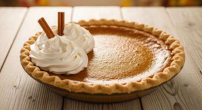 Close-up of a pumpkin pie with whipped cream and cinnamon sticks on a rustic wooden table. Warm lighting. Traditional holiday dessert for Thanksgiving and fall gatherings - Powered by Adobe
