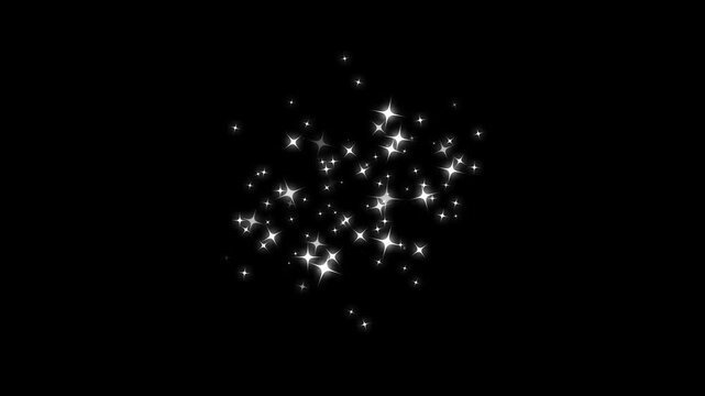 Twinkling cartoon stars and glowing glitter dust shimmer in a magical looping burst, with bright doodle sparkles, festive confetti particles and radiant starry light motion effects on black screen. 4K