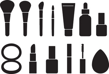 Cosmetic tools silhouette set makeup brushes beauty products vector icons