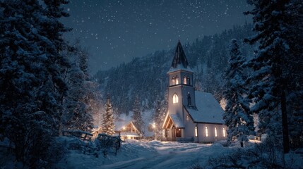 snow-covered village church at midnight,