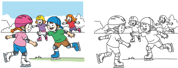 Cute cartoon kids inline skating outdoors wearing safety gear, vector illustration set featuring a colorful scene and a black and white coloring page outline for children.