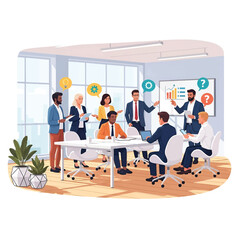 A diverse team collaborates in a bright office, presenting charts, notes, and planning. for growth!!