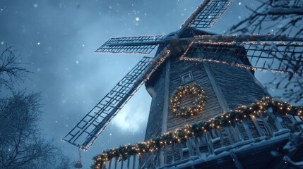Snow-covered windmill decorated with wreath and holiday lights,