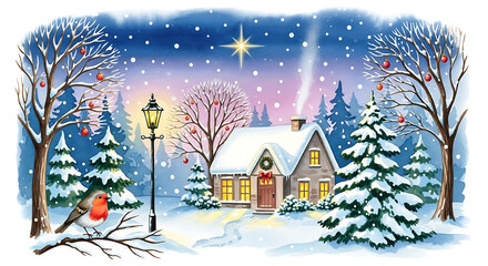Enchanting Christmas landscape scene featuring a cozy house nestled among snow covered trees with a bright star above, it's winter wonderland magic.