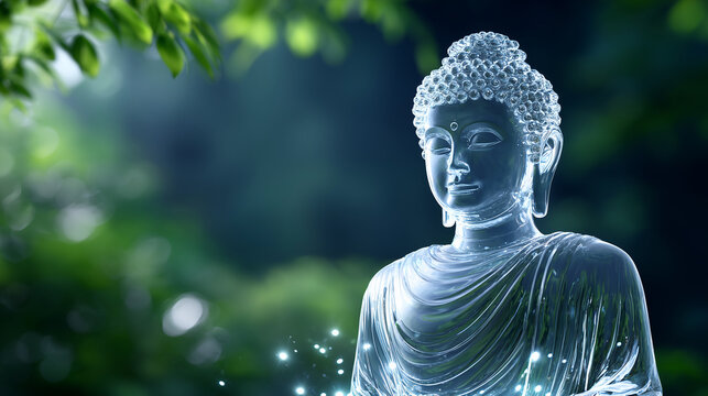 Crystal Buddha statue in serene forest setting symbolizing peace and spiritual mindfulness, ideal for meditation visuals, wellness branding, spa banners or inspirational posters