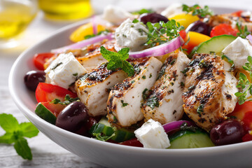 Fresh grilled chicken salad with colorful vegetables and feta cheese