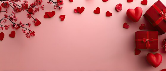 Valentine's Day flat lay with red hearts, gift boxes, and flowers on a pink tabletop for greeting card design