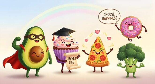 Celebrate a balanced lifestyle with fun cartoon food characters like superhero avocado, grad cupcake, and happy pizza slice, donut, and broccoli friend