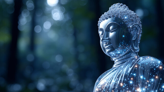 Crystal Buddha statue in serene forest setting symbolizing peace and spiritual mindfulness, ideal for meditation visuals, wellness branding, spa banners or inspirational posters