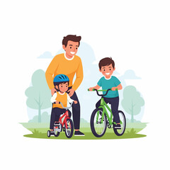 A father guides two children riding bicycles in a sunny park with trees and green grass under skies