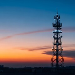 Telecommunication tower silhouetted against a colorful sunset or sunrise sky. Global network infrastructure for 5G mobile communication. Fast internet connection.