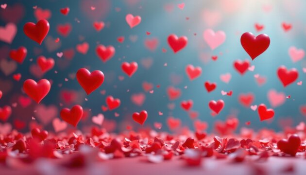 Floating red hearts in a romantic setting celebration heartfelt decorations soft background love concept