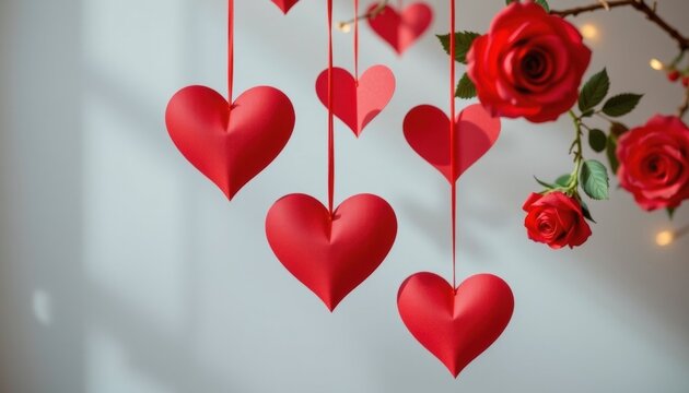 Romantic red hearts hanging indoor decoration paper craft cozy ambiance close-up love concept