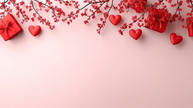 Valentines day background featuring red hearts, gift boxes, and flowers on a pink tabletop for special moments and card designs