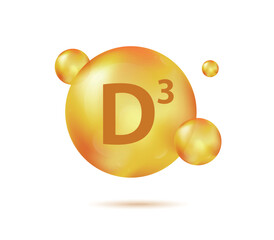 Vitamin D3 gold capsule. Pill capcule vector illustration isolated on white background. Nutrition skin care. Beauty and health vector concept. Cholecalciferol vitamin drop pill capsule.