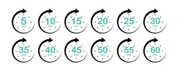 Timer, clock, stopwatch isolated set icons with different time. Countdown timer symbol icon set. Minute timer icons set. Countdown5,10,15,20,25,30,35,40,45,50,55, minutes