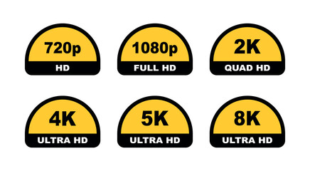 Video dimension labels. Video resolution 720, 1080, 2k, 4k,5k, 8k badges. Quality element. Badges quality. Vector illustration