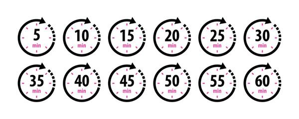 Timer, clock, stopwatch isolated set icons with different time. Countdown timer symbol icon set. Minute timer icons set. Countdown5,10,15,20,25,30,35,40,45,50,55, minutes