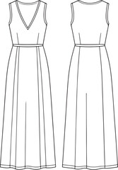  Sleeveless long dress fashion CAD, v neck technical flat sketch, vector illustration