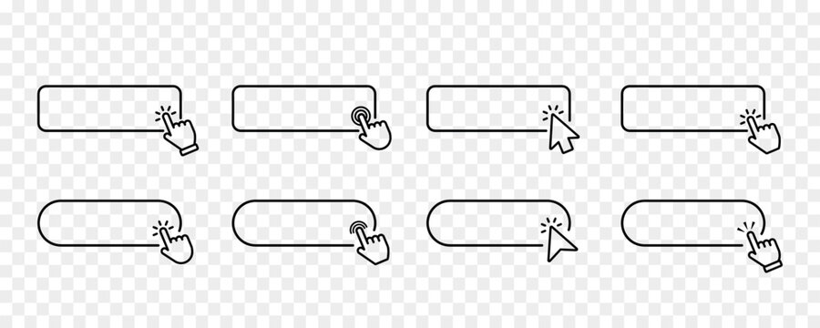 Click here button with hand or mouse cursor. Click blank button with hand pointer clicking icon. Click button. Computer mouse cursor or hand pointer symbol. Set for button website design