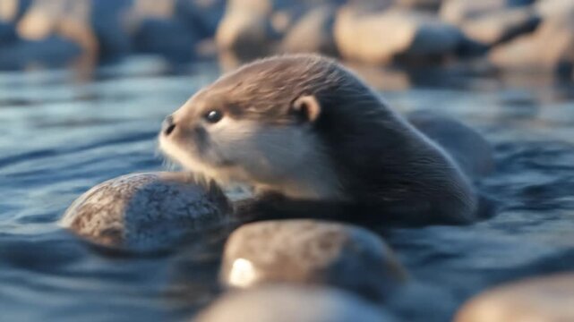 Swimming otter in water with rocks daytime sunlight environment