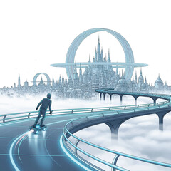 A futuristic city rises above mist, with spiraling rings, elevated roads, and a lone rider gliding!!