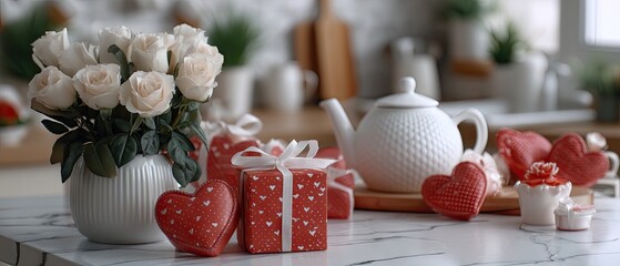 Valentine's Day setting with a bouquet of red roses, heart-shaped gift boxes, and a teapot on a white kitchen table for a romantic celebration