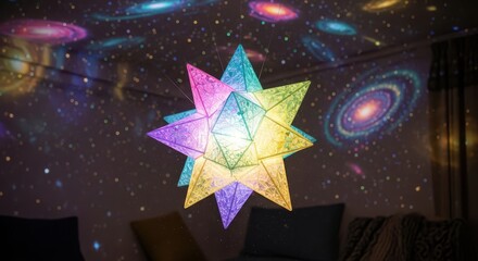 Illuminated geometric fixture casts celestial projections onto a dark room interior