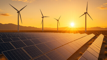 Sunrise over solar panels and wind turbines in a desert landscape showcasing renewable energy Generative AI