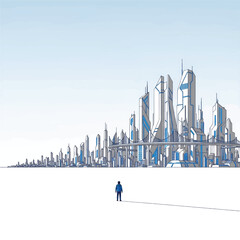 A futuristic city skyline of angular, glowing towers and elevated tracks, with a lone figure. alone
