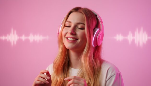 Young woman with closed eyes smiling, enjoying music with pink headphones and sound waves on a pink background, expressing happiness and relaxation with audio entertainment - Powered by Adobe