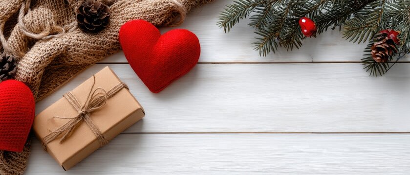 Valentines day background with gift boxes and red hearts on a wooden surface creating a romantic flat lay design for heartfelt messages and special moments