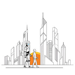 A futuristic city skyline with towering glass towers, a robot and a human walk beside an orange sun