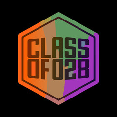 Hexagonal emblem with Class of 028 text and colorful stripes