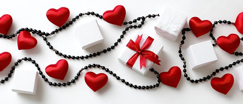 Celebrate love with a beautifully arranged Valentine's Day background featuring gift boxes and a charming red hearts garland