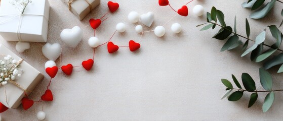 Valentines day flat lay with gift boxes, red hearts garland, and clean pastel background for romantic designs