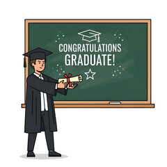 A graduate in cap and gown presents a rolled diploma beside a chalkboard Congratulations!!! Graduate
