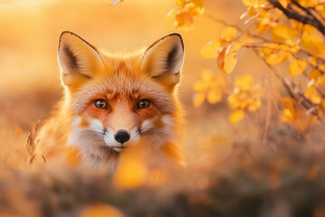 Obraz premium Fox in a vibrant autumn landscape with golden leaves