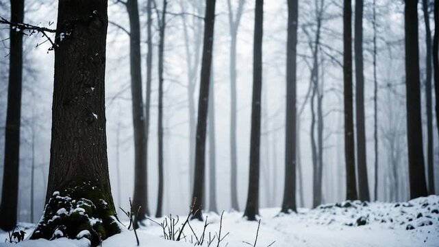 A serene winter scene featuring a dense forest with snow-covered trees - Powered by Adobe
