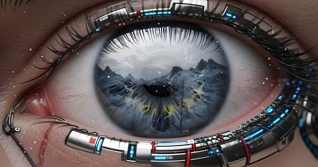Close up of a futuristic cyborg eye reflecting a vast detailed landscape of mountains and sky showcasing advanced technology and nature