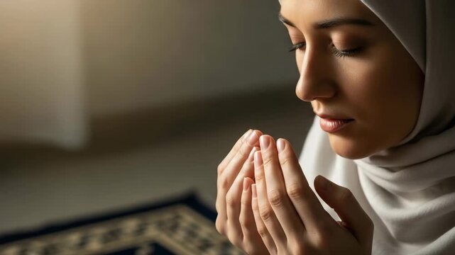Muslim woman praying with closed eyes while seated on prayer mat  