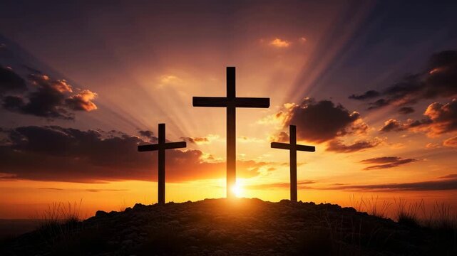 Three crosses standing on Golgotha hill at dramatic sunset, dark silhouettes against glowing sky, biblical symbolism