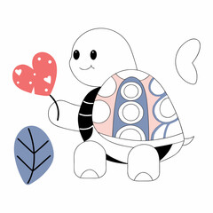 Cute Turtle with HeartShaped Balloon Coloring Page.