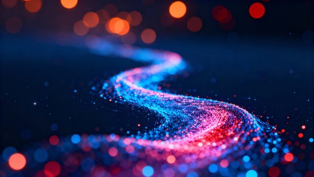 Abstract Luminous Flowing River of Data Particles with Neon Blue and Red Bokeh